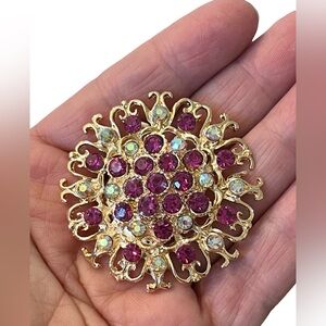 Gold Floral Crystal Brooch with Purple and Iridescent Accents